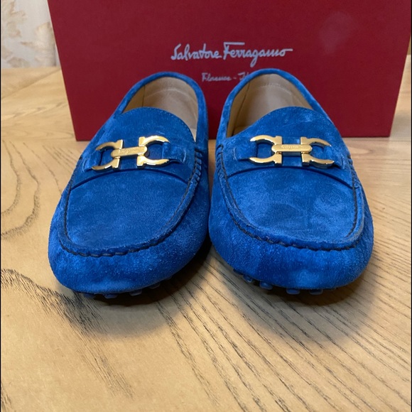 ❤️ Authentic Salvatore Ferragamo Blue Suede Loafers size 38 1/2 New in Box - Picture 4 of 9